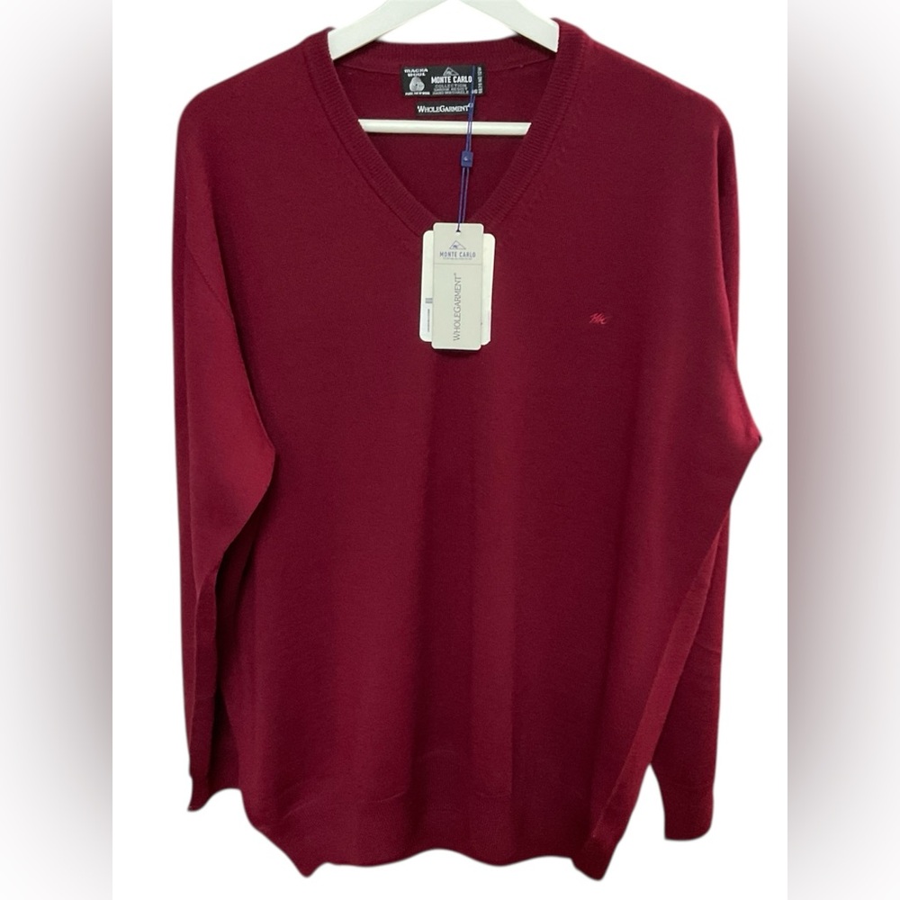 Monte Carlo Men’s Maroon Solid V Neck Full Sleeve Pullover 100% Lana Size 46